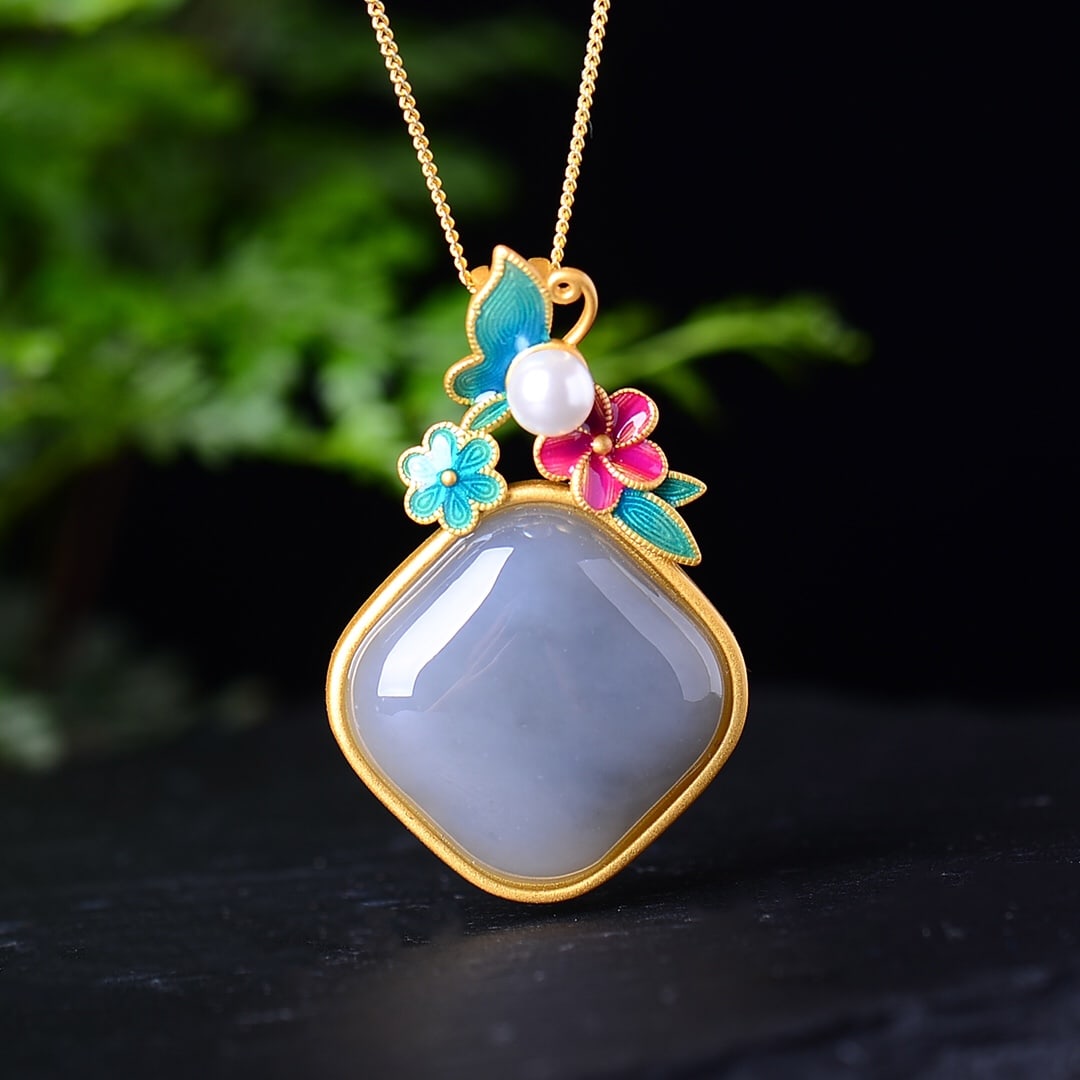 An Exquisite Sterling Silver-Gold Plated Inlaid White Jade Enamel Pendant (1 of 5)
