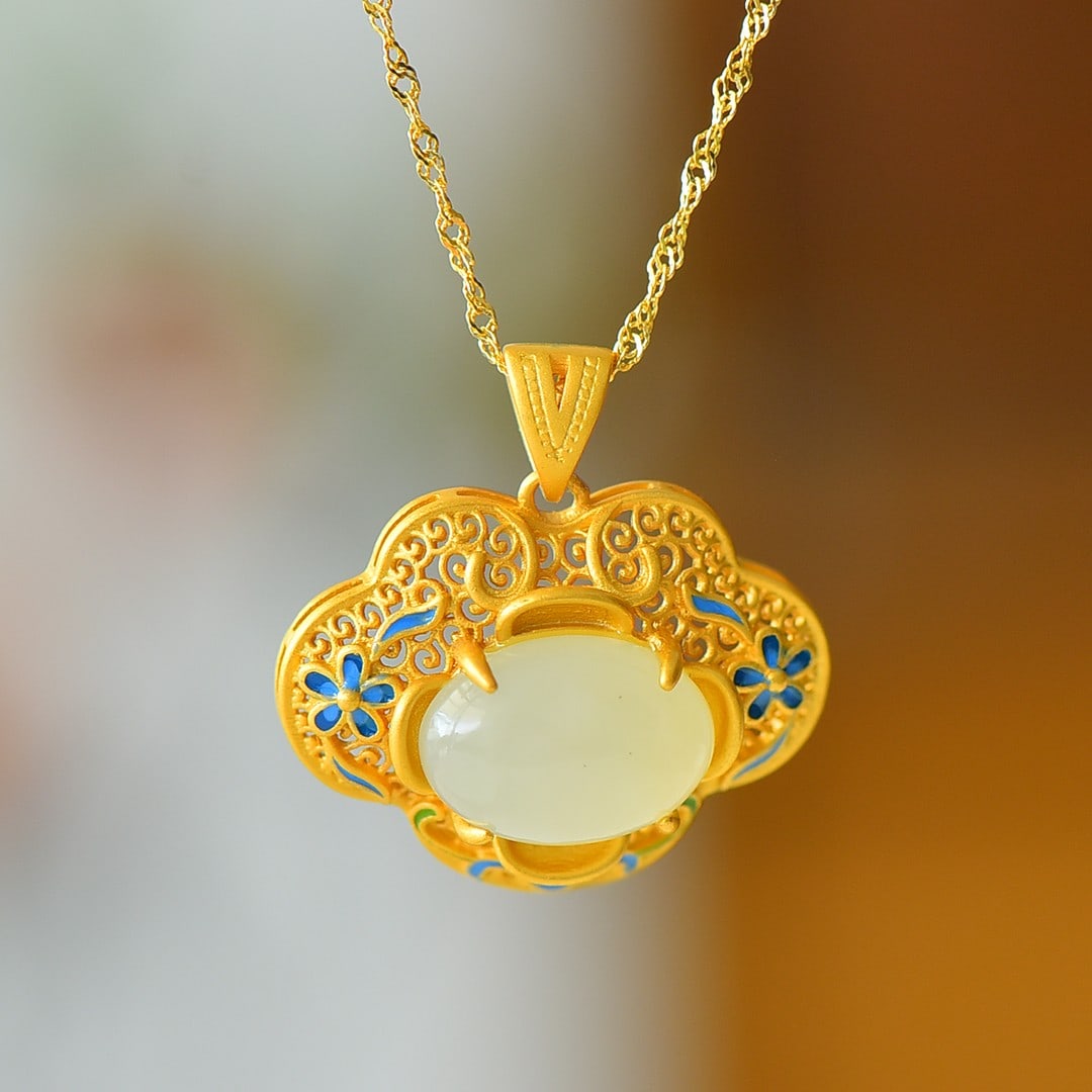 An Exquisite Sterling Silver-Gold Plated Inlaid White Jade Enamel Pendant: An Exquisite Sterling Silver-Gold Plated Inlaid White Jade Enamel Pendant 纯银镀金镶白玉珐琅吊坠