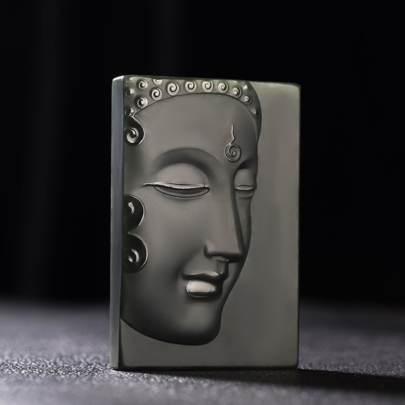 An Exquisite Cyan jade Statue of Buddha Head Pendant: An Exquisite Cyan jade Statue of Buddha Head Pendant,Size:2.3inx1.5inx0.3in 青玉佛头像挂件