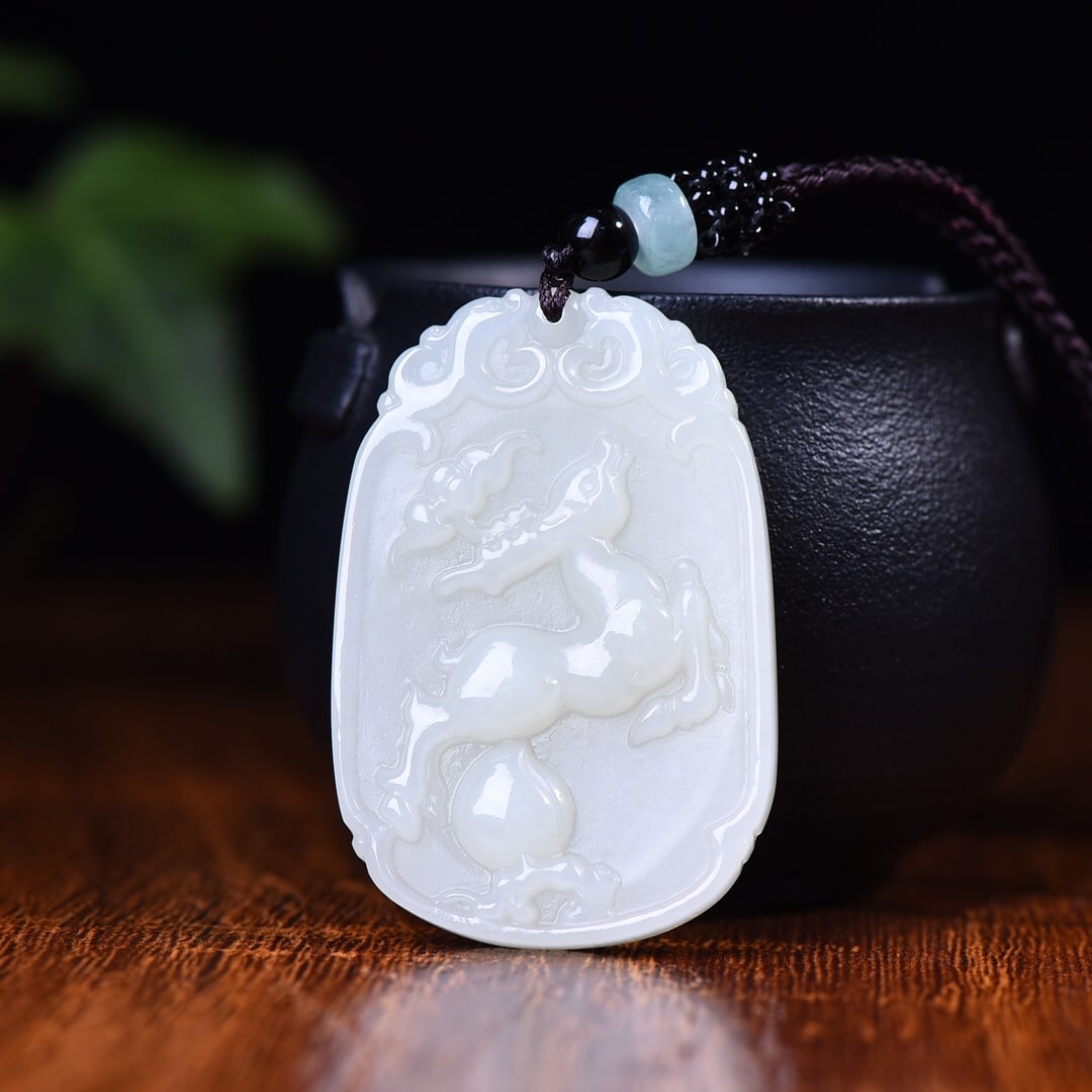 An Exquisite White Jade Deer,Bats and Peach Pattern Pendant (1 of 5)
