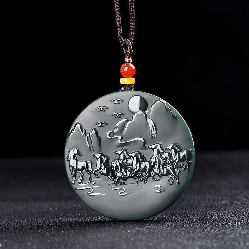 An Exquisite Cyan jade Horse Pattern Pendant: An Exquisite Cyan jade Horse Pattern Pendant,Size:2in 青玉骏马纹挂件