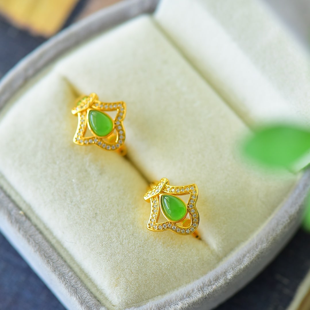 A Pair of Exquisite Sterling Silver-Gold Plated Inlaid Jasper Earrings,Inlaid Diamond: A Pair of Exquisite Sterling Silver-Gold Plated Inlaid Jasper Earrings,Inlaid Diamond,Size:0.5inx0.6in
