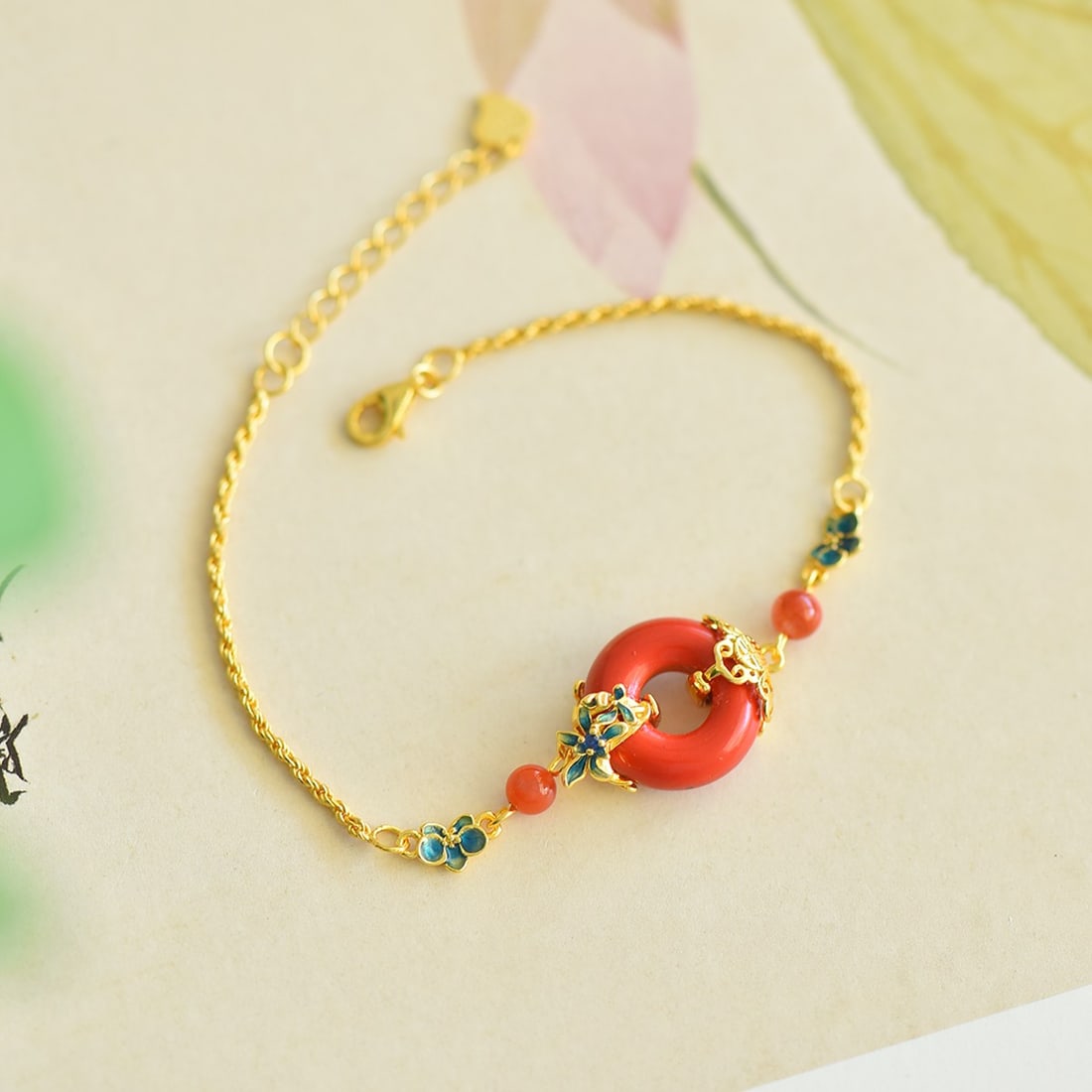 An Exquisite Sterling Silver-Gold Plated Inlaid Cinnabar Bracelets (1 of 5)