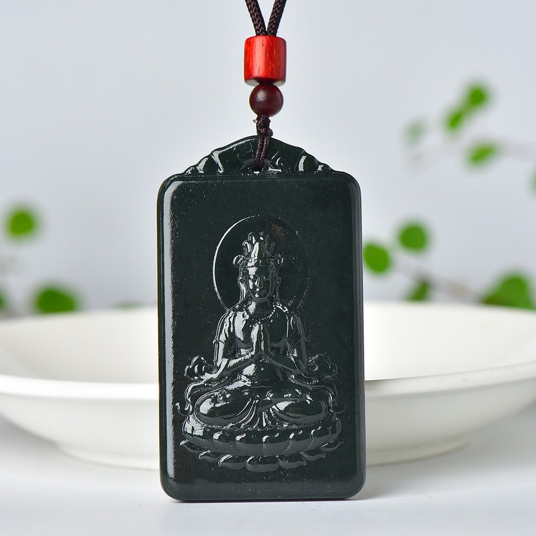 An Exquisite Sapphire Avalokitesvara Pattern Pendant: An Exquisite Sapphire Avalokitesvara Pattern Pendant,Size:1.5inx2.7in (寓意)寓意吉祥 玉脂温润