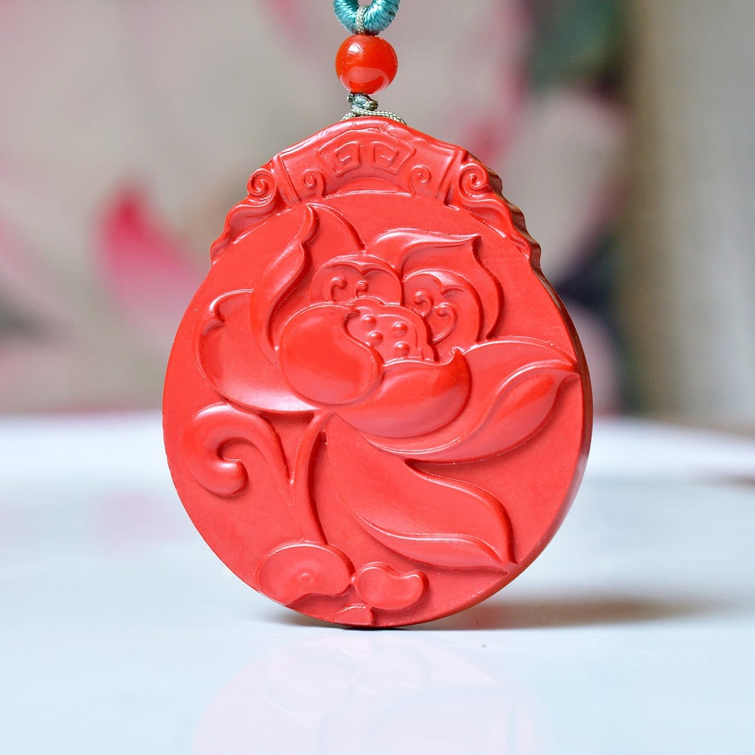 An Exquisite Cinnabar Lotus Pattern Pendant: An Exquisite Cinnabar Lotus Pattern Pendant,Size:1.4inx1.6in (寓意)吉祥招财喜庆、驱邪避凶