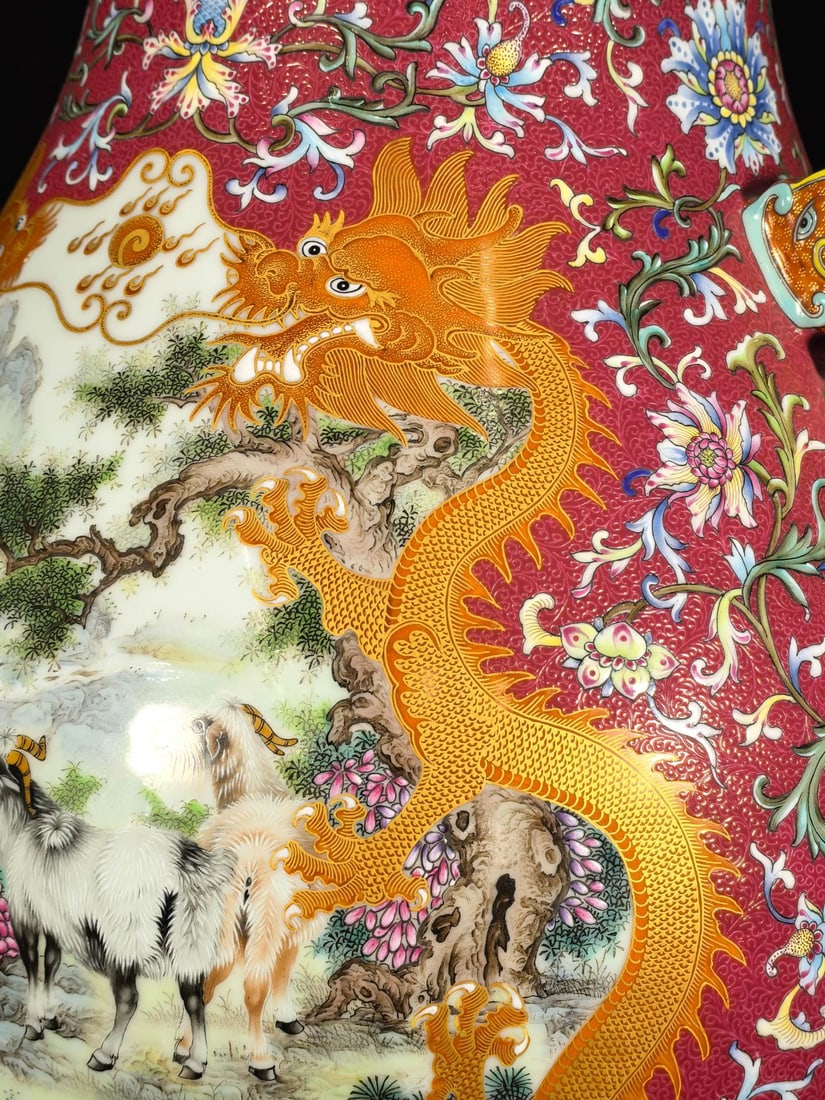 A Exquisite Enamel Ruby Red-Glazed Sheep Pattern Vase - 6