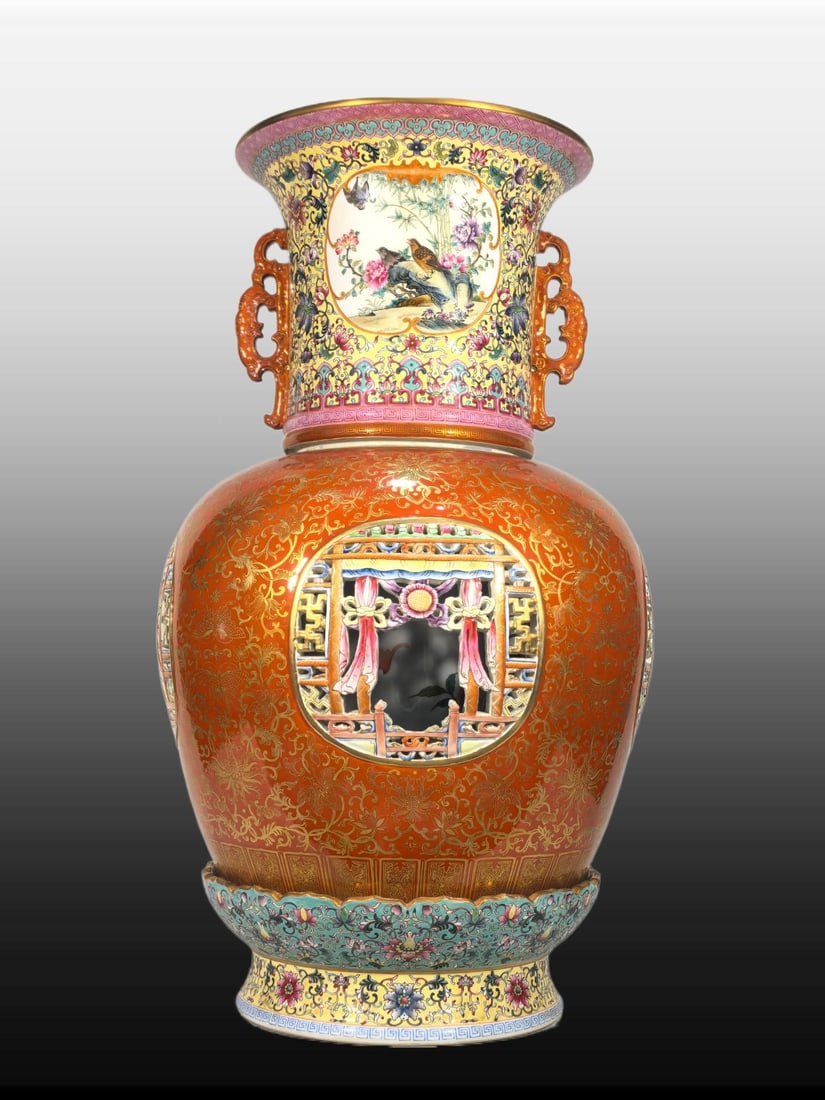 A Exquisite Enamel Painted Gold Flower and Bird Pattern Vase: A Exquisite Enamel Painted Gold Flower and Bird Pattern Vase,Qing Dynasty, China,Qianlong Four-character Mark,Size:27.8inx11.6inx16.5inx10.2in