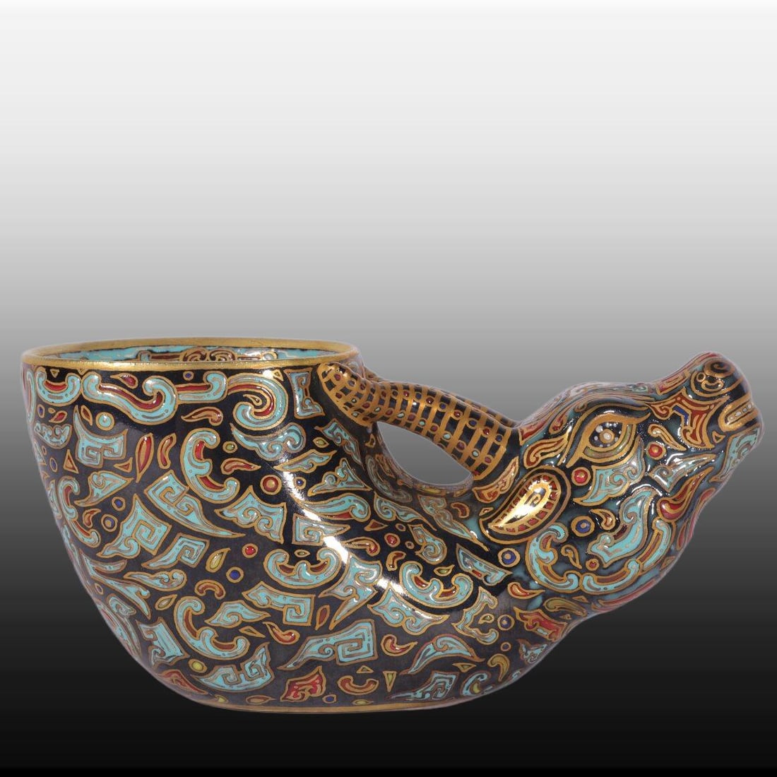 A Exquisite Enamel Black Ground Painted Gold Buffalo Head Cup (1 of 8)
