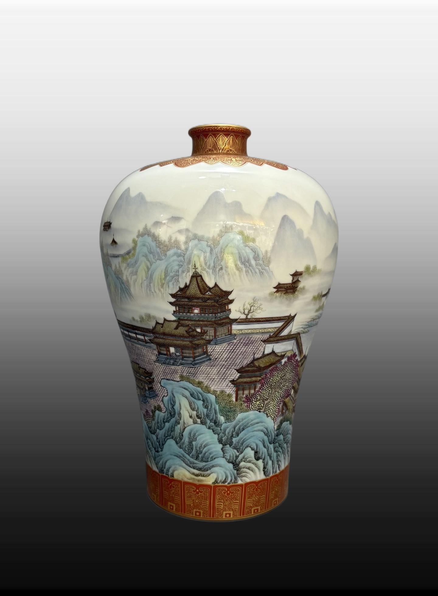 A Exquisite Iron-Red Painted Gold Landscape Pattern Vase: A Exquisite Iron-Red Painted Gold Landscape Pattern Vase,Qing Dynasty, China,Yongzheng Six-character Mark,Size:14.6inx9.4in