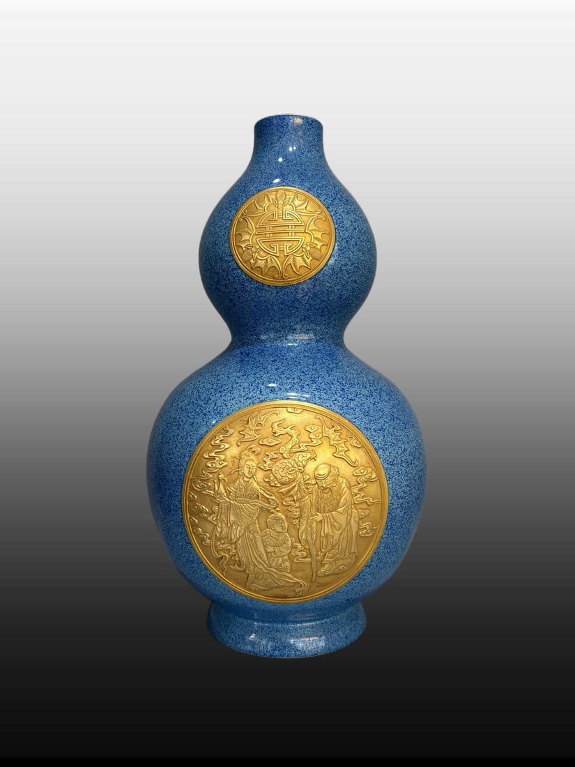 A Exquisite Ji Blue Glazed Painted Gold Figures Pattern Gourd Vase (1 of 9)