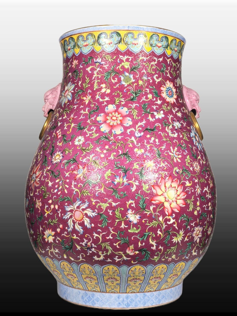 A Exquisite Enamel Ruby Red-Glazed Lotus Pattern Lion-Ears Vase: A Exquisite Enamel Ruby Red-Glazed Lotus Pattern Lion-Ears Vase,Qing Dynasty, China,Qianlong Four-character Mark,Size:25.6inx13inx18.9inx12.6in 珐琅彩胭脂红缠