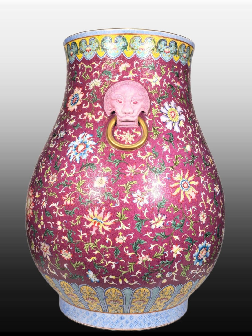 A Exquisite Enamel Ruby Red-Glazed Lotus Pattern Lion-Ears Vase - 5