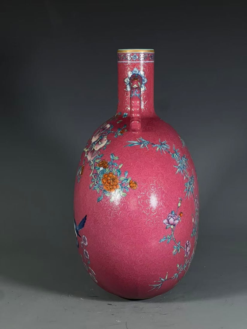 A Exquisite Ruby Red-Glazed Bird Pattern Vase - 2