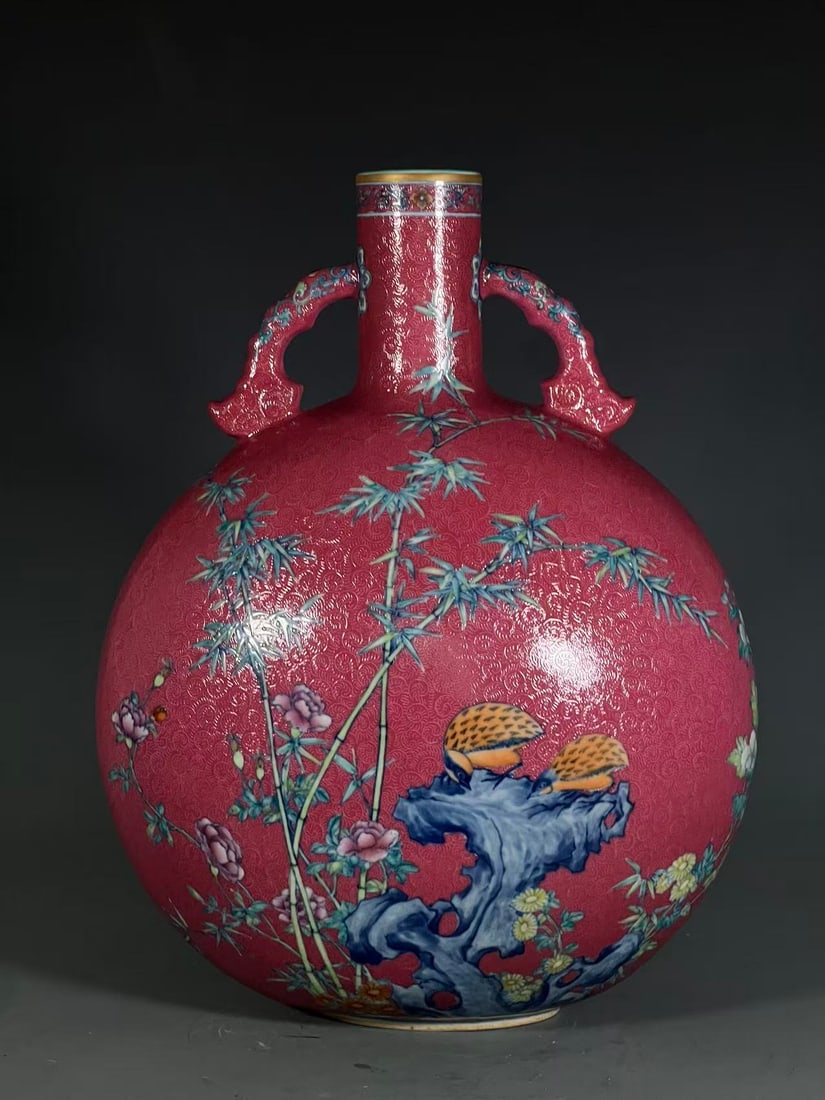 A Exquisite Ruby Red-Glazed Bird Pattern Vase - 3