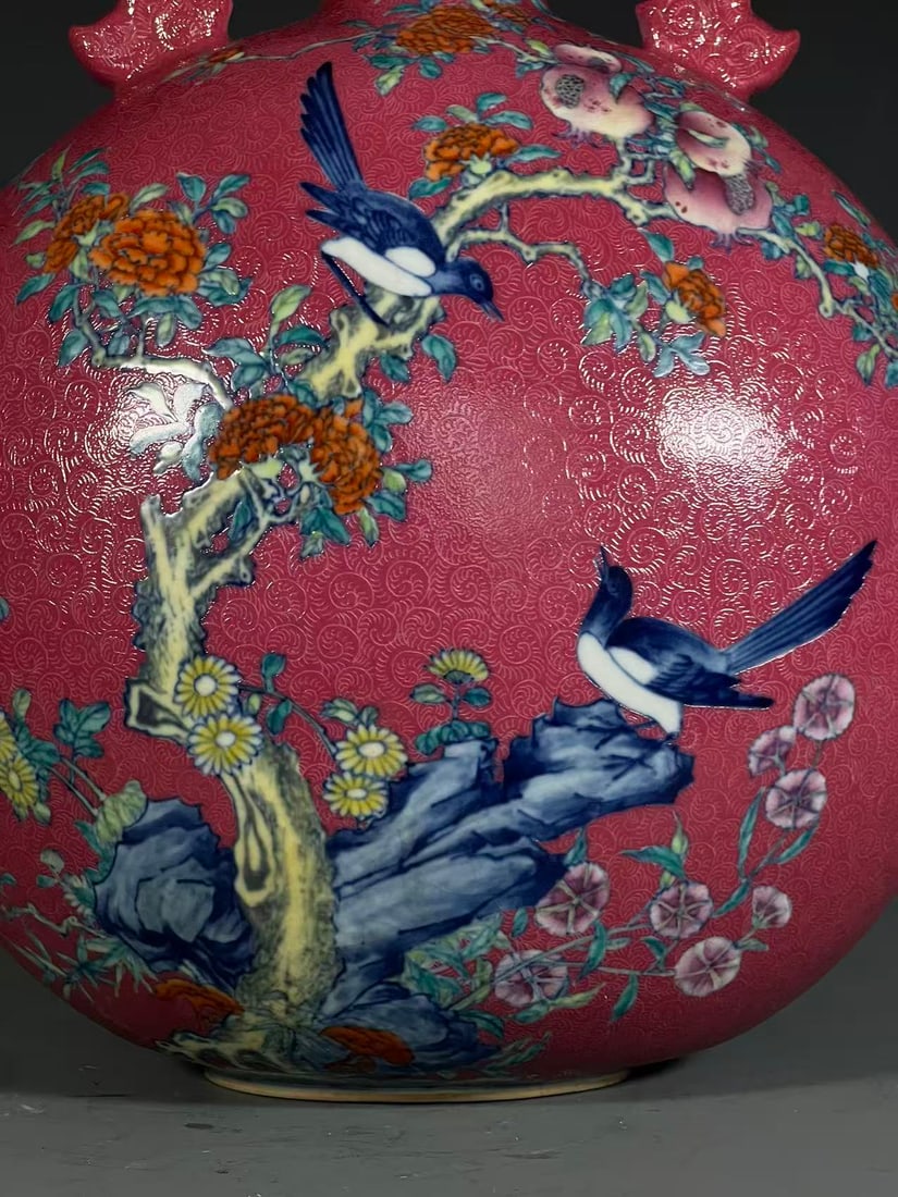 A Exquisite Ruby Red-Glazed Bird Pattern Vase - 4