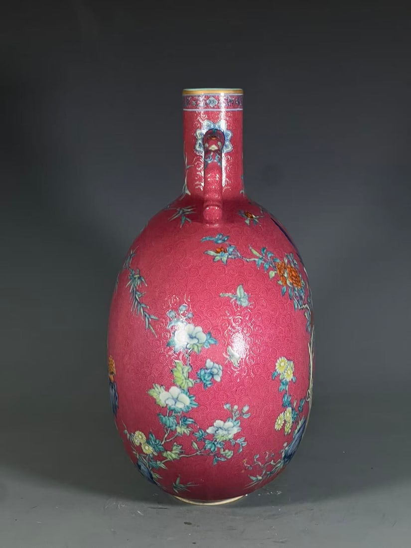 A Exquisite Ruby Red-Glazed Bird Pattern Vase - 5