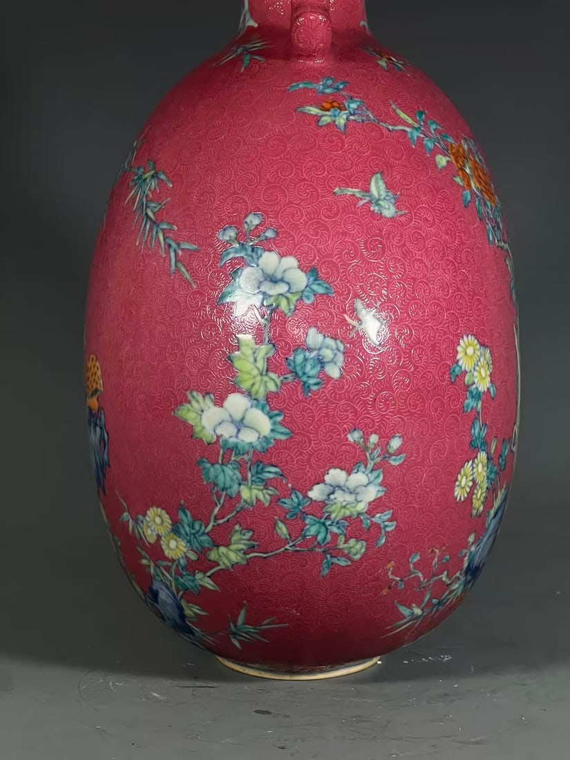 A Exquisite Ruby Red-Glazed Bird Pattern Vase - 7