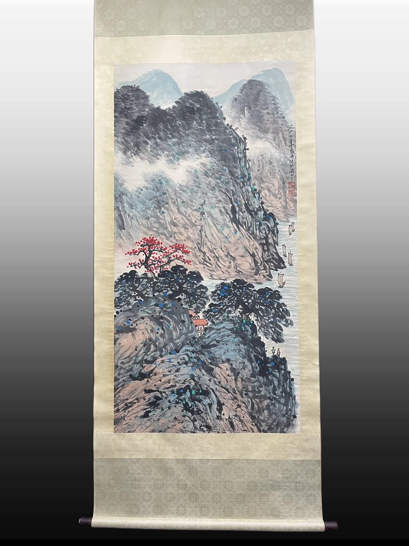 A Chinese Vertical Scroll Ink Painting of Landscape on Paper: A Chinese Vertical Scroll Ink Painting of Landscape on Paper,Modern Time of China,Guan Shanyue,without frame size:26.8inx54.3in 一幅中国水墨纸本山