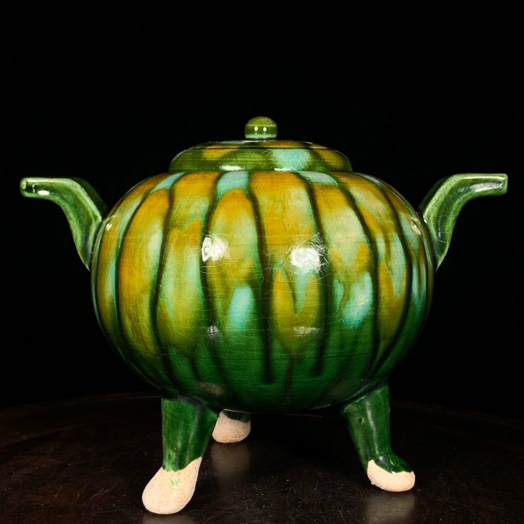 A Exquisite Tang Tri-Color Glazed Pottery Double-Ears Tripod Censer: A Exquisite Tang Tri-Color Glazed Pottery Double-Ears Tripod Censer,Tang Dynasty, China,Size:5.5inx7.1in