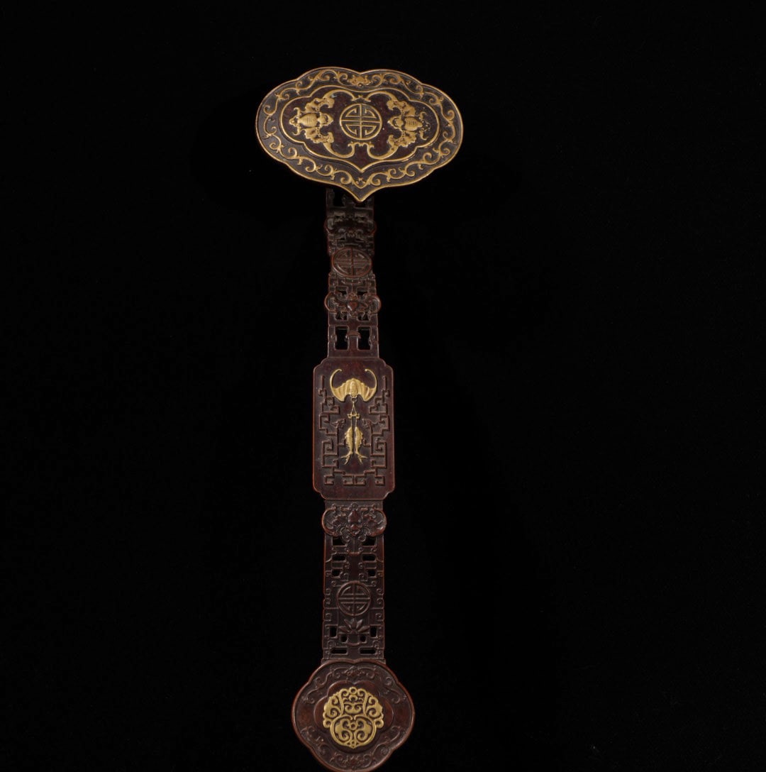 A Exquisite Red Copper Gilt Bronze Bats Pattern Ruyi: A Exquisite Red Copper Gilt Bronze Bats Pattern Ruyi,Ming Dynasty, China,Size:12.2in,Weight:475g