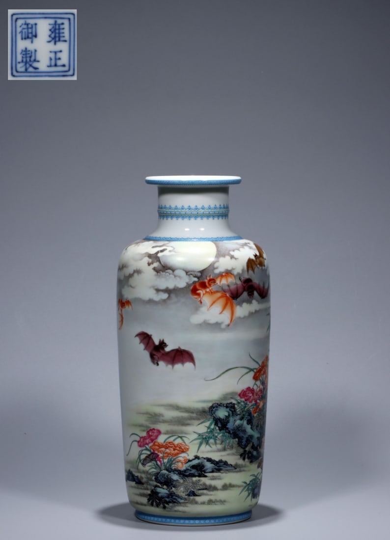 A Exquisite Enamel Bats and Flower Pattern Vase: A Exquisite Enamel Bats and Flower Pattern Vase,Qing Dynasty, China,Yongzheng Four-character Mark,Size:11.2inx4.9inx3inx3.7in,Weight:1370g
