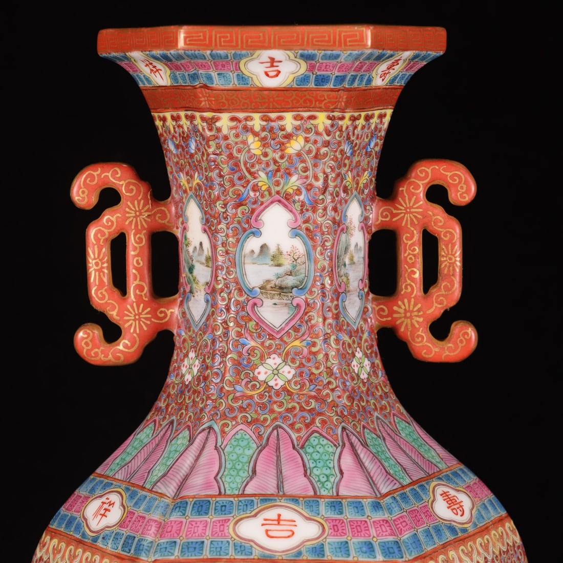 Ruby Red-Glazed Figures Pattern Double-Ears Vase - 2