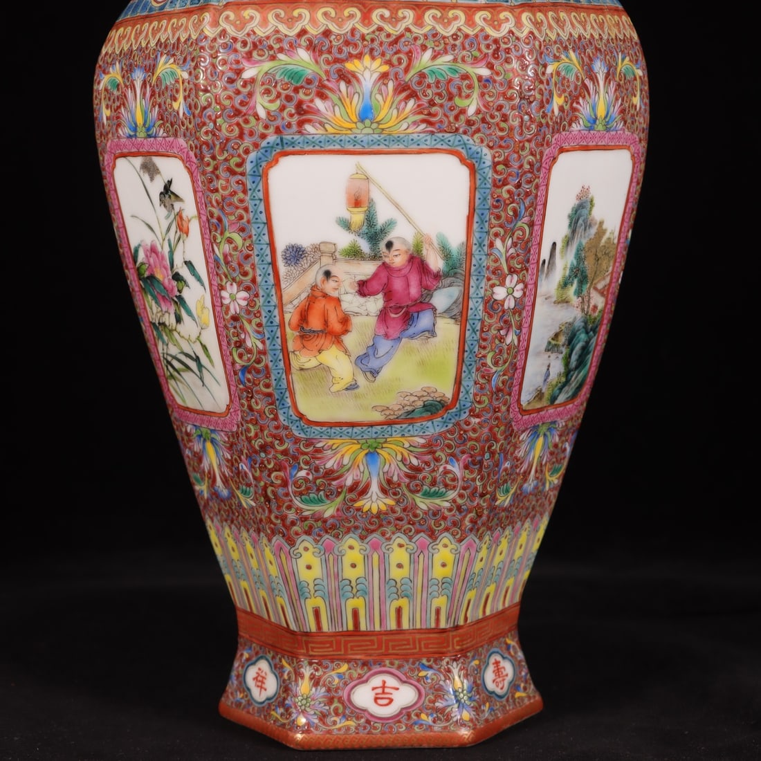 Ruby Red-Glazed Figures Pattern Double-Ears Vase - 3