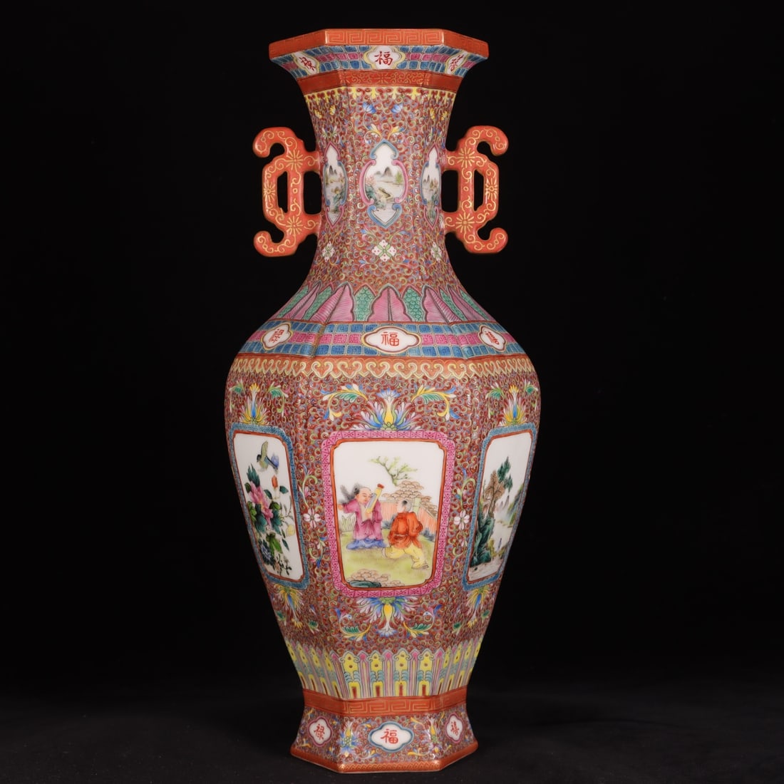 Ruby Red-Glazed Figures Pattern Double-Ears Vase - 5