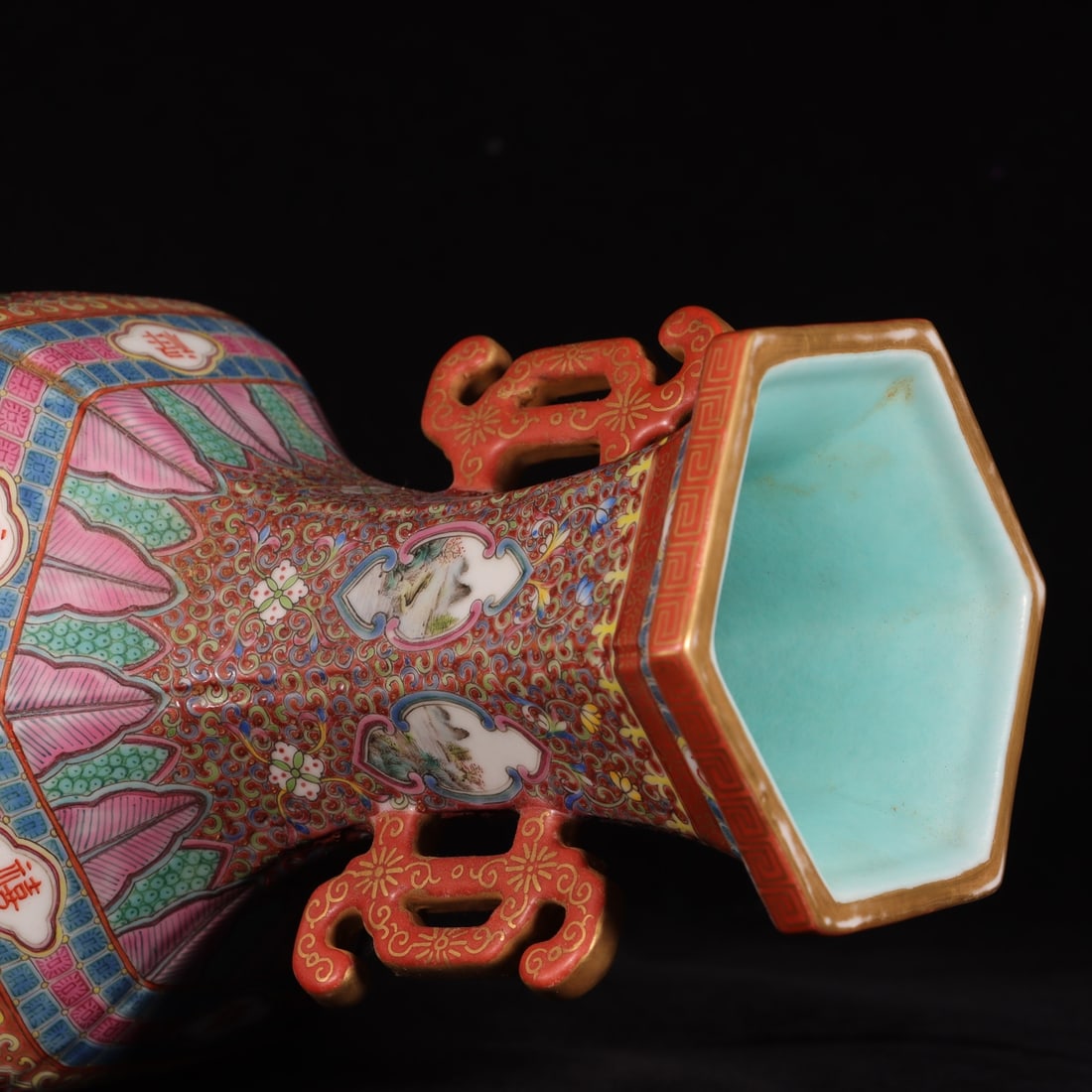 Ruby Red-Glazed Figures Pattern Double-Ears Vase - 8