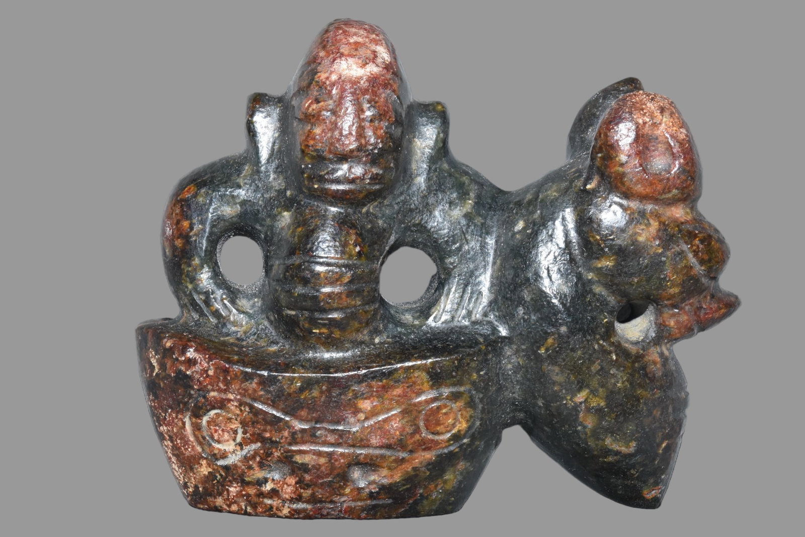A Exquisite Hemoyu Figures: A Exquisite Hemoyu Figures,Ancient Time, China,Size:6inx5.3in,Weight:1100g 河磨玉人,远古时期