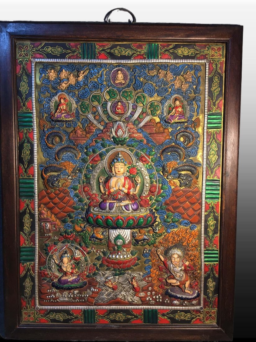 A Exquisite Redwood Inlaid Purple Copper Thangka: A Exquisite Redwood Inlaid Purple Copper Thangka,Qing Dynasty, China,Size:25.6inx34.6in ,Weight:7000g 花梨木镶紫铜唐卡,中国清代