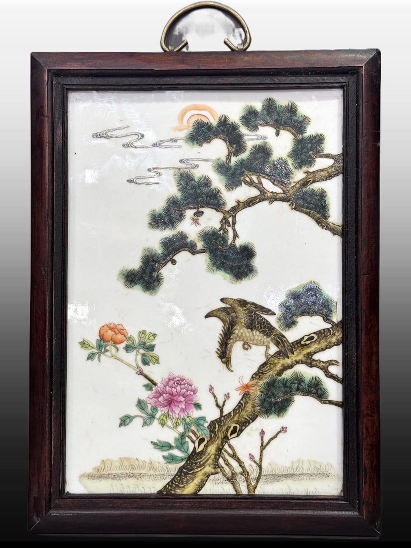 A Exquisite Famille-Rose Flower and Bird Pattern Porcelain Plate: A Exquisite Famille-Rose Flower and Bird Pattern Porcelain Plate,Republic of China,Size:12.6inx17.3in 粉彩花鸟纹瓷板,民国