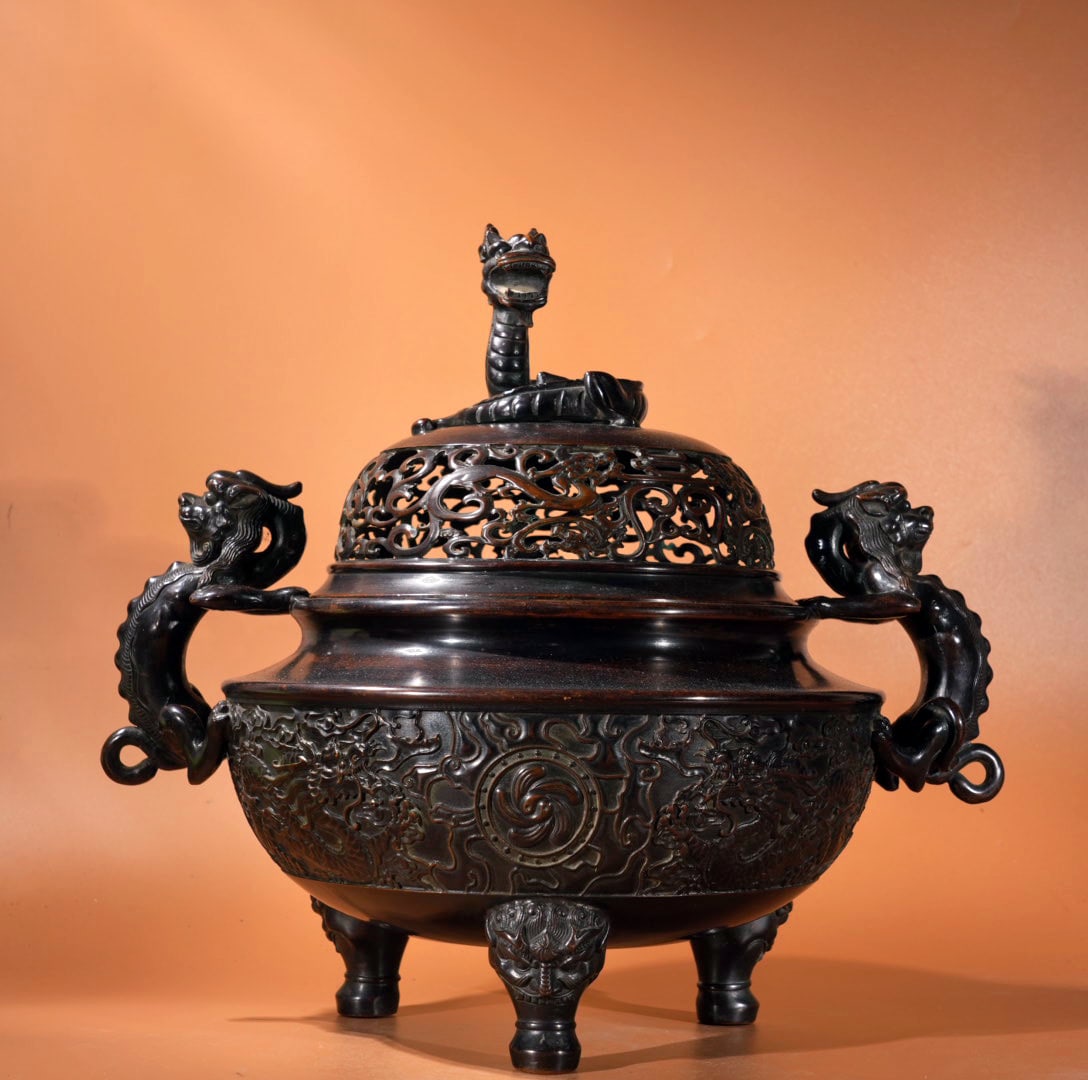 A Exquisite Red Copper Beast-Ears Censer: A Exquisite Red Copper Beast-Ears Censer,Ming Dynasty, China,Xuande Six-character Mark,Size:12.4inx8.2in,Weight:12210g