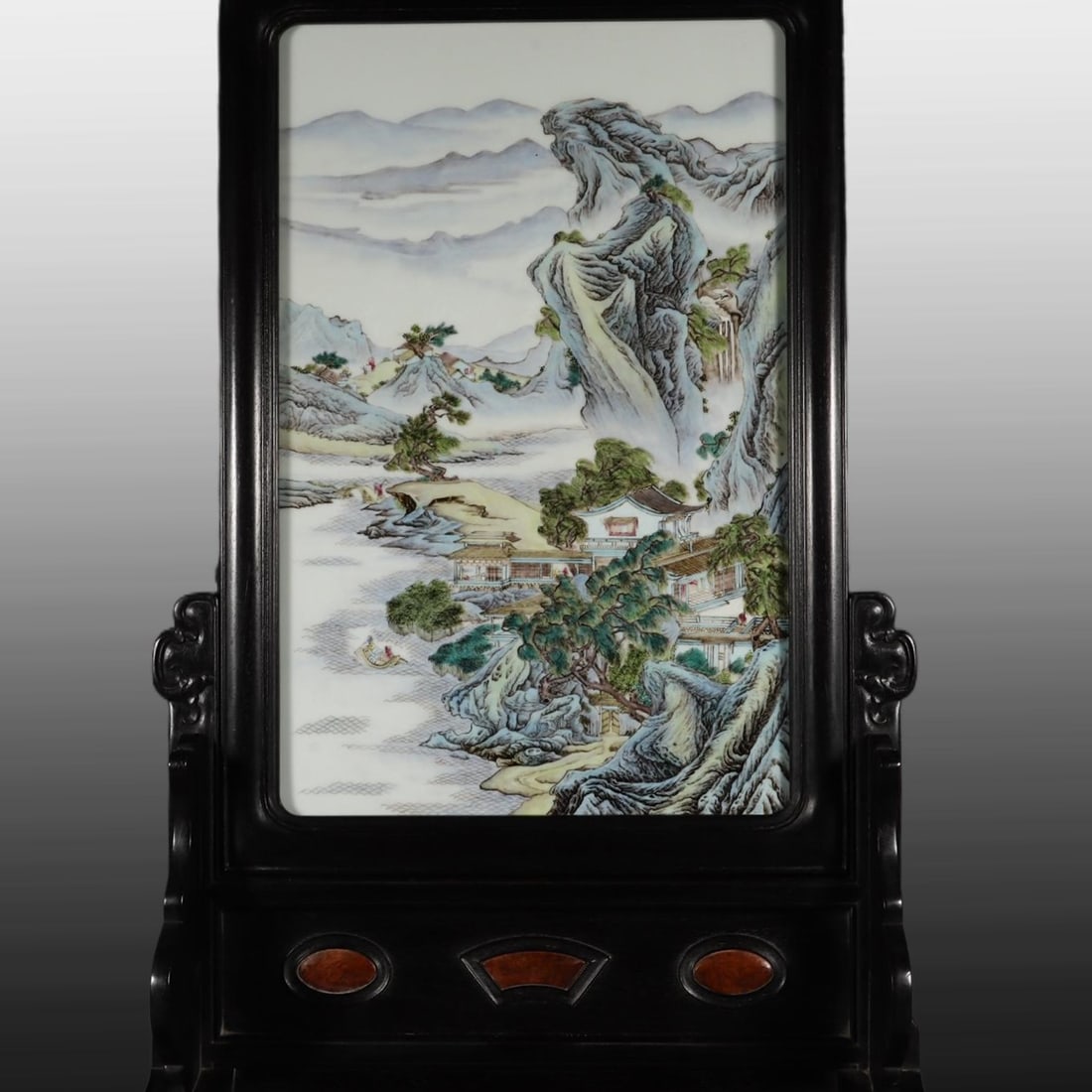 A Exquisite Famille-Rose Landscape Pattern Table Screen: A Exquisite Famille-Rose Landscape Pattern Table Screen,Qing Dynasty, China,Size:24inx14.8in 粉彩山水纹插屏,中国清代
