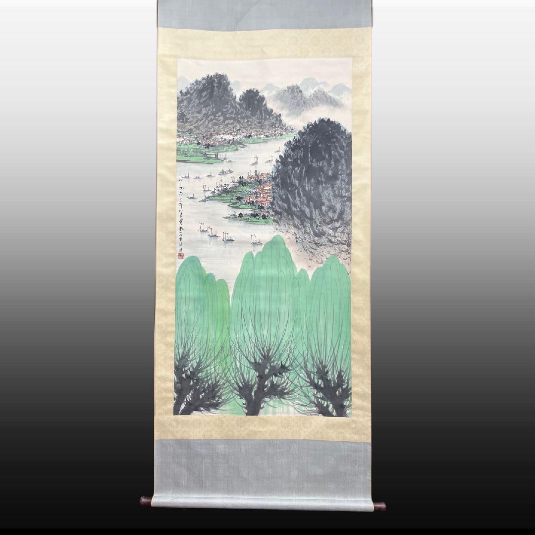 One Chinese Vertical Scroll Ink Painting of Landscape on Paper: One Chinese Vertical Scroll Ink Painting of Landscape on Paper,Modern Time of China,Fu Baoshi,without frame size:26.8inx54.3in