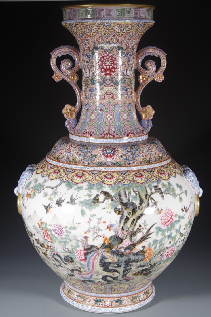 A Exquisite Famille-Rose Flower and Bird Pattern Double-Ears Vase: A Exquisite Famille-Rose Flower and Bird Pattern Double-Ears Vase,Qing Dynasty, China,Qianlong Four-character Mark,Size:26.4inx8.1inx8.5in
