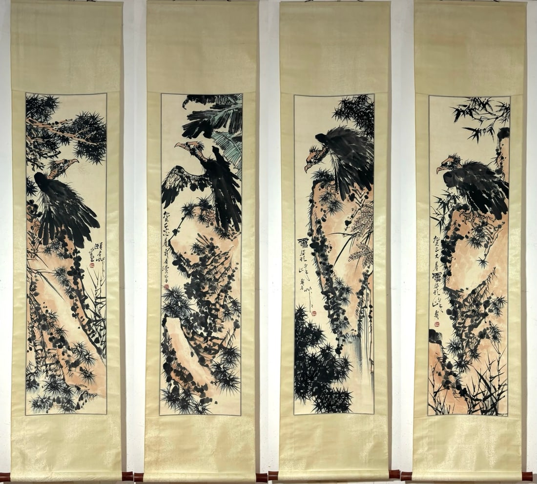 A Set of Chinese Vertical Scroll Ink Eagle Paintings on Paper: A Set of Chinese Vertical Scroll Ink Eagle Paintings on Paper,Modern Time of China,Pan Tianshou,without frame size:53.3inx13.4in 一套中国水墨纸本鹰