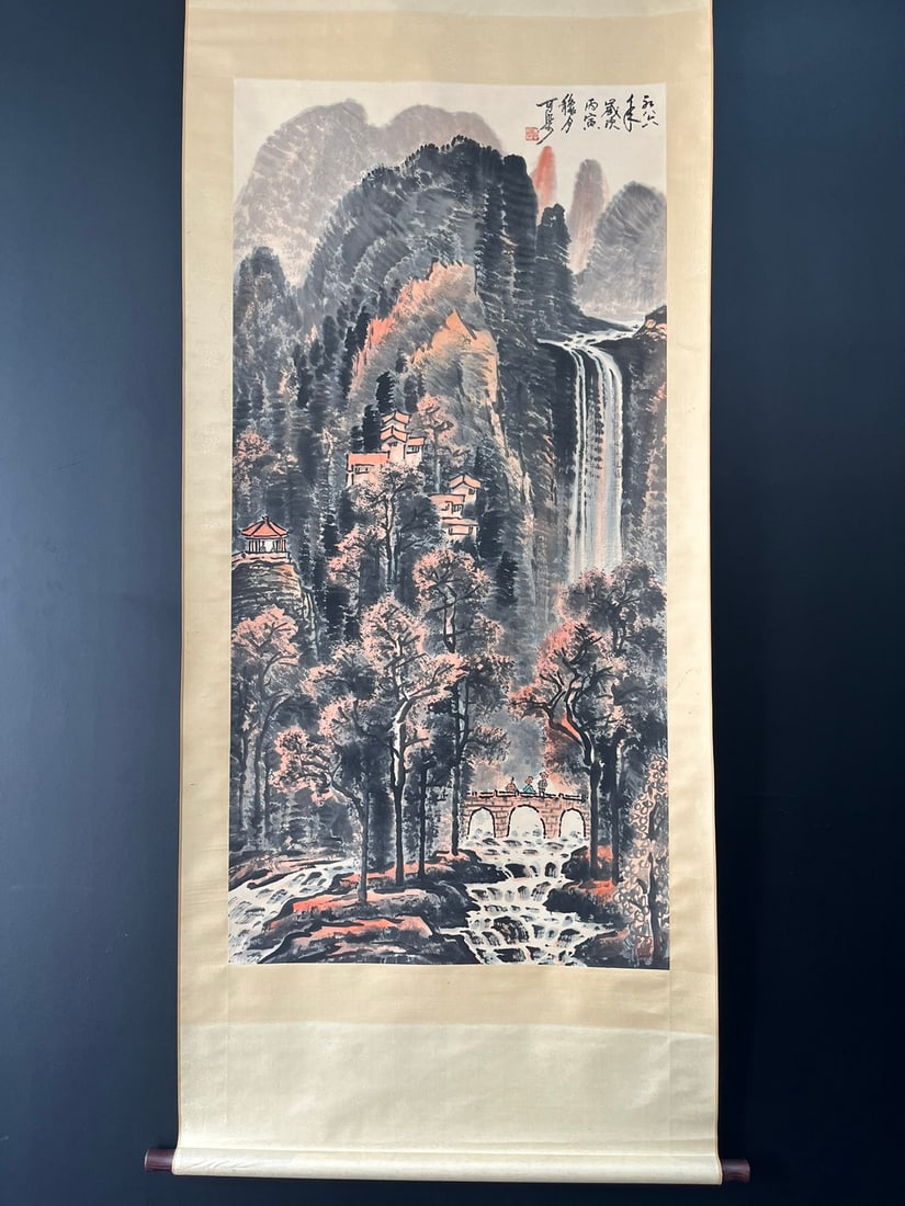 A Chinese Vertical Scroll Ink Painting of Landscape on Paper: A Chinese Vertical Scroll Ink Painting of Landscape on Paper,Modern Time of China,Li Keran,without frame size:26.8inx54.3in 一幅中国水墨纸本山