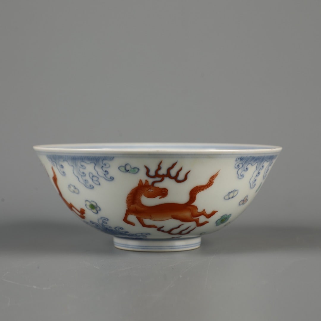 A Exquisite Blue and White Iron-Red Sika Deer Pattern Bowl: A Exquisite Blue and White Iron-Red Sika Deer Pattern Bowl,Ming Dynasty, China,Chenghua Six-character Mark,Size:2.6inx6.1in 青花矾红鹿纹碗,中国