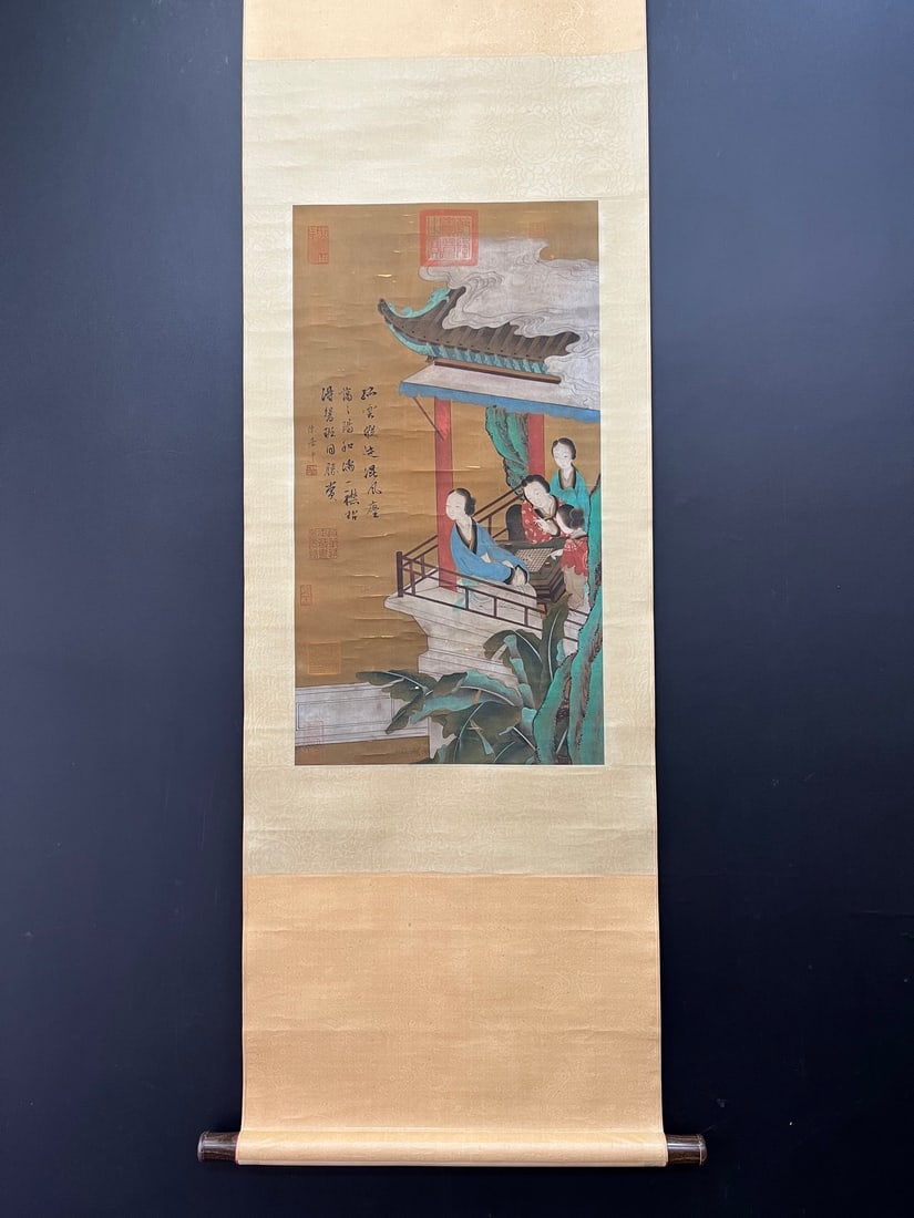 A Chinese Vertical Scroll Ink Painting of Figures on Silk (1 of 9)