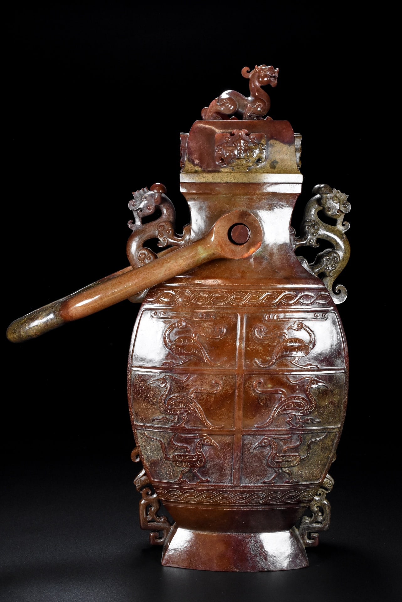 A Exquisite Hotan Jade Beast-Face Pattern Vase: A Exquisite Hotan Jade Beast-Face Pattern Vase,Han Dynasty, China,Size:5.7inx4.7inx15.7in,Weight:3343g 和田玉兽面纹瓶,中国汉代