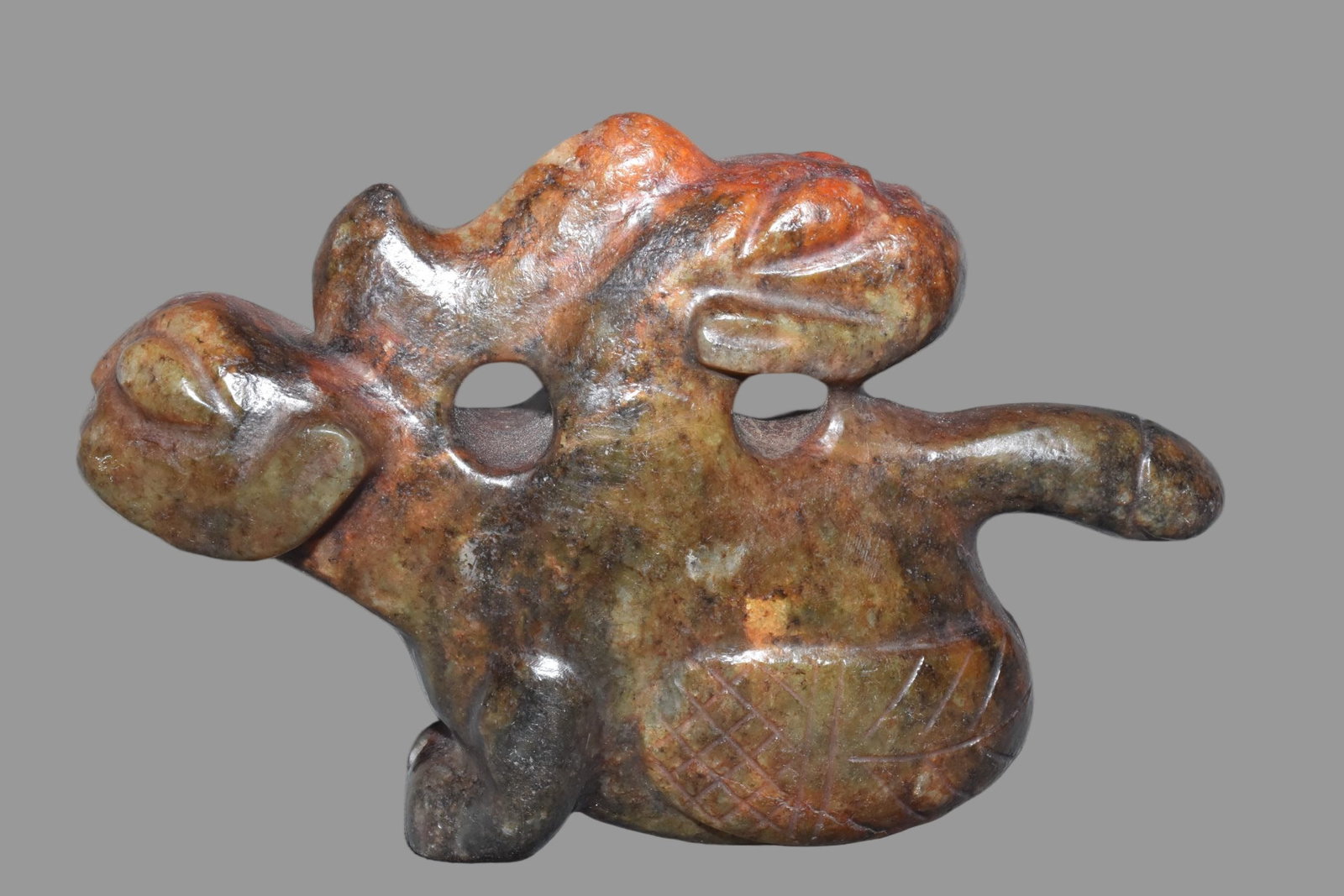 A Exquisite Hemoyu Figures: A Exquisite Hemoyu Figures,Ancient Time, China,Size:7.5inx5.3in,Weight:1120g 河磨玉人,远古时期