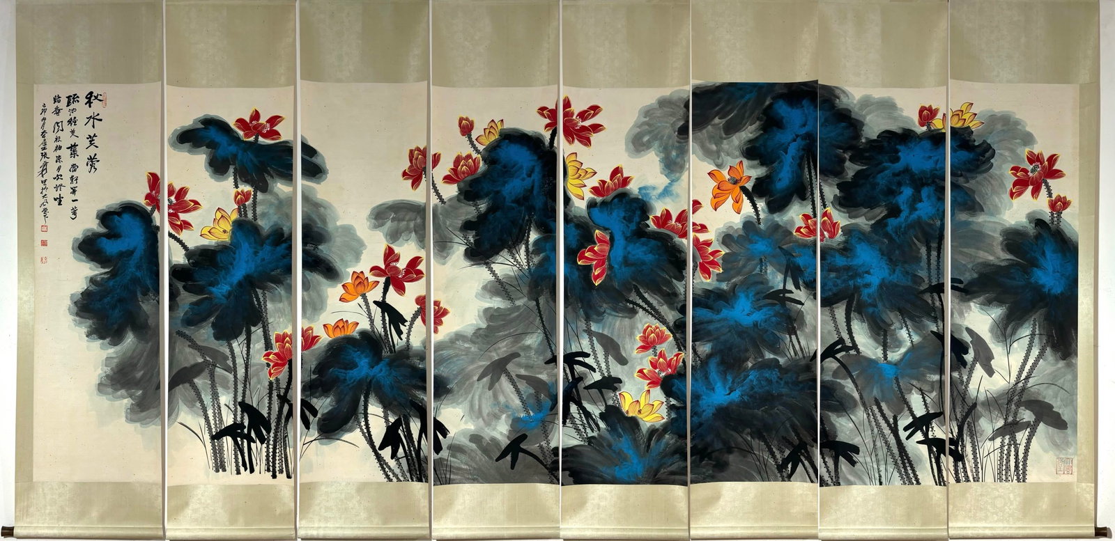 A Set of Chinese Vertical Scroll Ink Flower Paintings on Paper: A Set of Chinese Vertical Scroll Ink Flower Paintings on Paper,Modern Time of China,Zhang Daqian,without frame size:55.5inx17.7in 一套中国水墨纸本഑