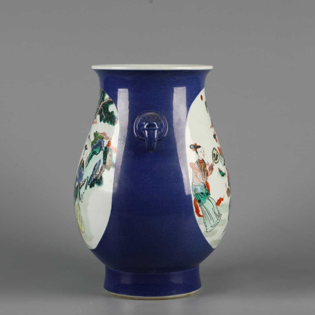 A Exquisite Blue Ground Doucai Figures Pattern Vase - 5