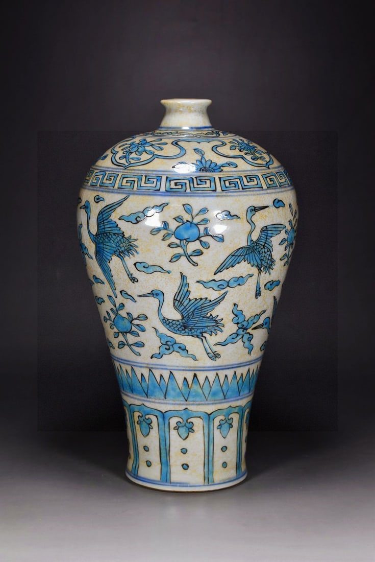 A Exquisite Peacock Blue Glazed Crane Pattern Vase - 2