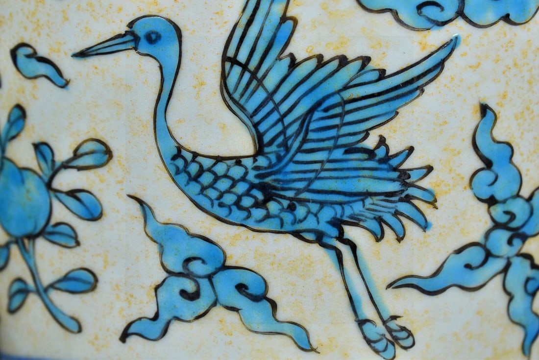 A Exquisite Peacock Blue Glazed Crane Pattern Vase - 5