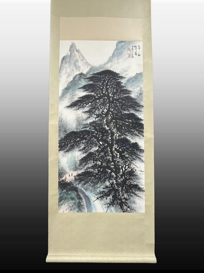 A Chinese Vertical Scroll Ink Painting of Landscape on Paper: A Chinese Vertical Scroll Ink Painting of Landscape on Paper,Modern Time of China,Li Xiongcai,without frame size:26.6inx53.9in 一幅中国水墨纸本山&