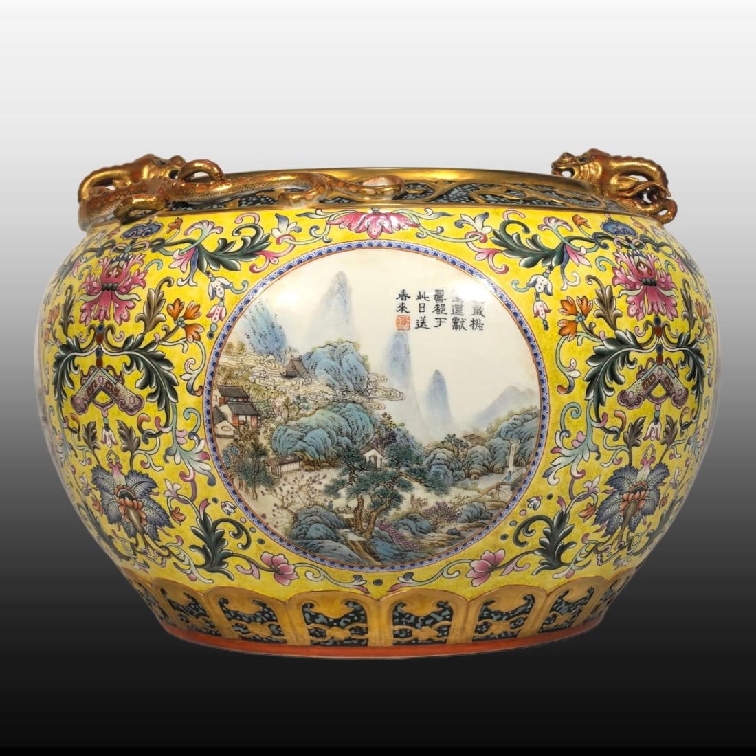 A Exquisite Enamel Landscape Pattern Vat: A Exquisite Enamel Landscape Pattern Vat,Qing Dynasty, China,Qianlong Four-character Mark,Size:8.5inx8.7inx12.6inx8.5in