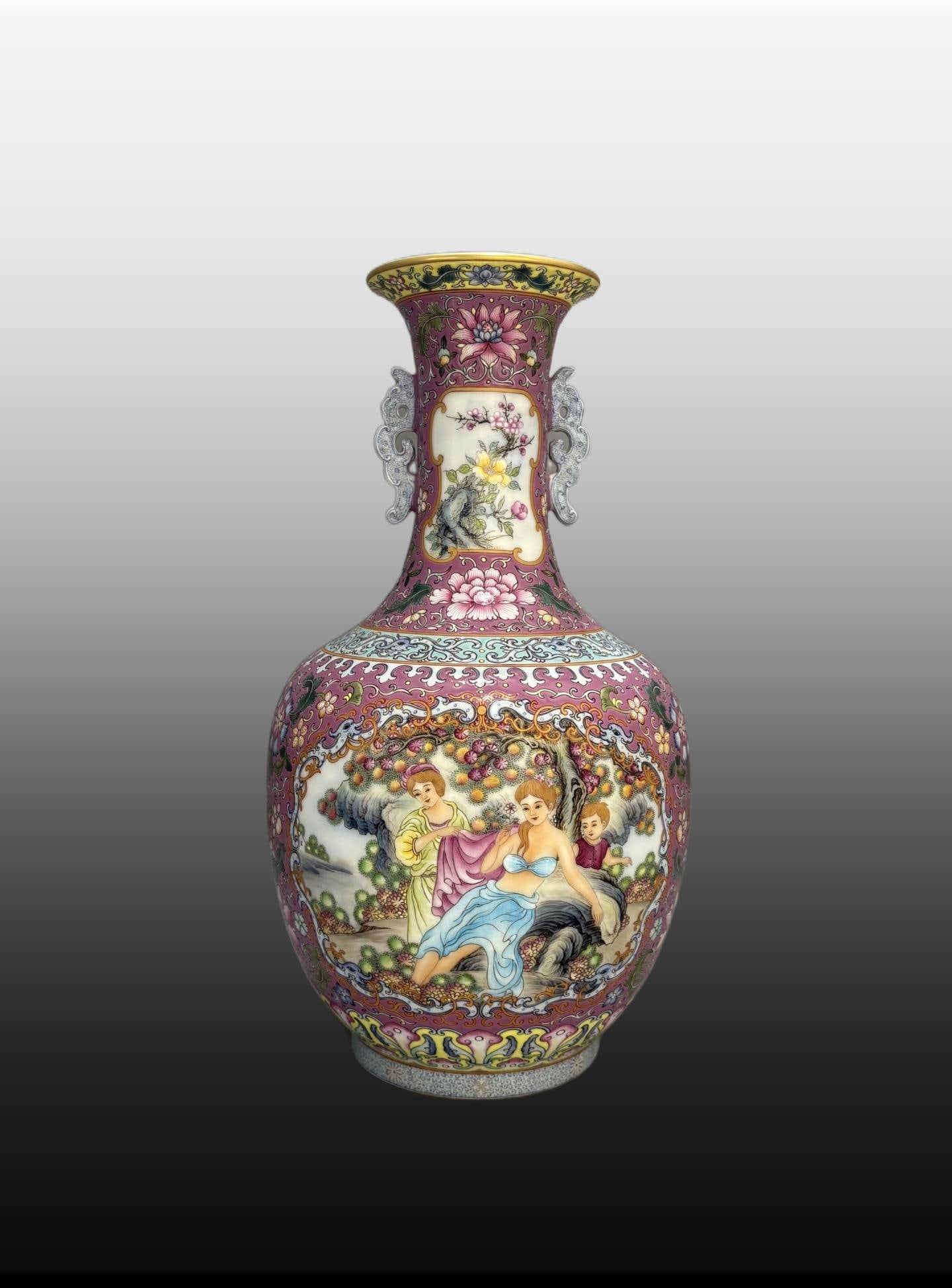 A Exquisite Enamel Ruby Red Figures Pattern Double-Ears Vase: A Exquisite Enamel Ruby Red Figures Pattern Double-Ears Vase,Qing Dynasty, China,Qianlong Four-character Mark,Size:12.8inx7.5in 珐琅彩胭脂红人物纹