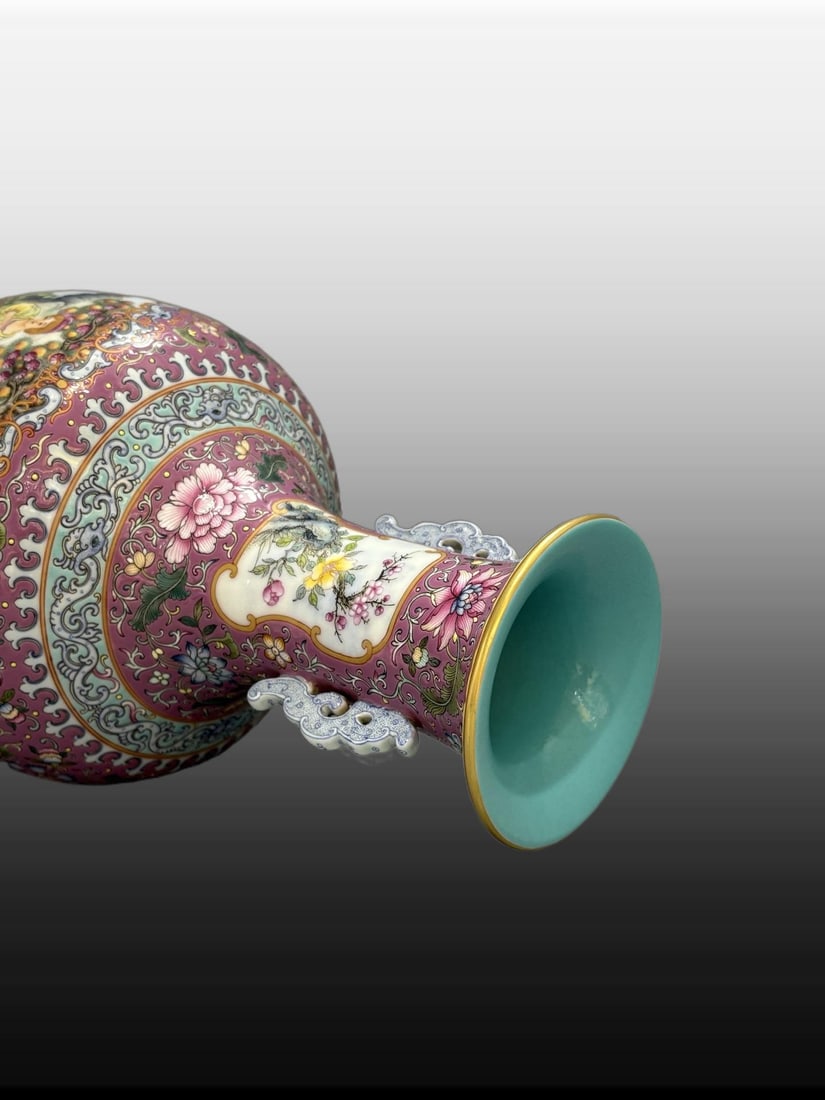 A Exquisite Enamel Ruby Red Figures Pattern Double-Ears Vase - 5